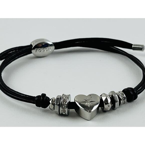 Fossil Boho Heart Silver Beads Brown Pull Cord Bracelet Adjustable Rhinestones - Picture 3 of 12